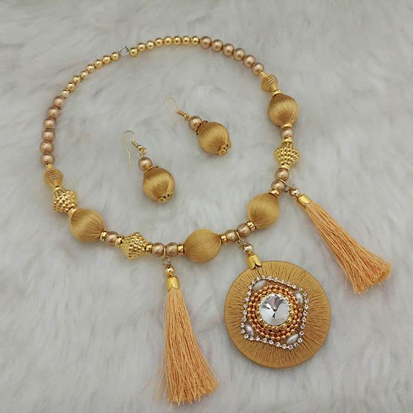 Jeweljunk Gold Plated Austrian Stone Beige Thread Necklace Set - 1110629A