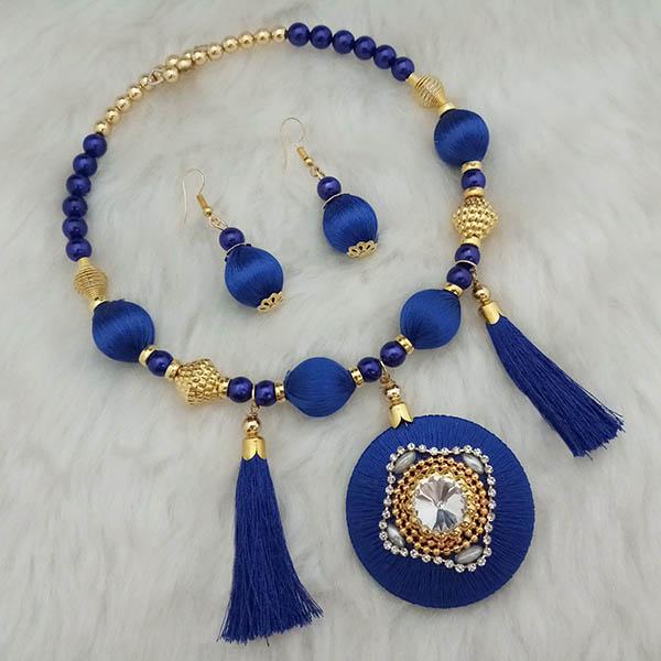 Jeweljunk Gold Plated Austrian Stone Blue Thread Necklace Set - 1110629B