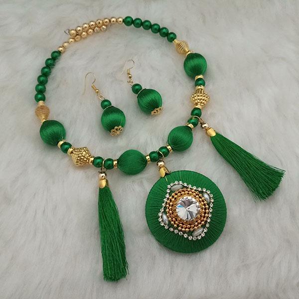 Jeweljunk Gold Plated Austrian Stone Green Thread Necklace Set - 1110629E