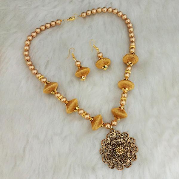 Jeweljunk Gold Plated Beige Thread Necklace Set - 1110630A