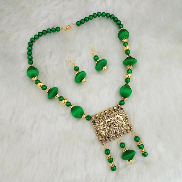 Jeweljunk Gold Plated Green Beads Thread Necklace Set - 1110634E