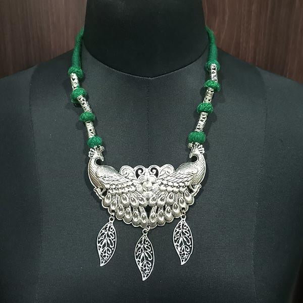 Jeweljunk Rhodium Plated Green Thread Pecock Design Boho Necklace