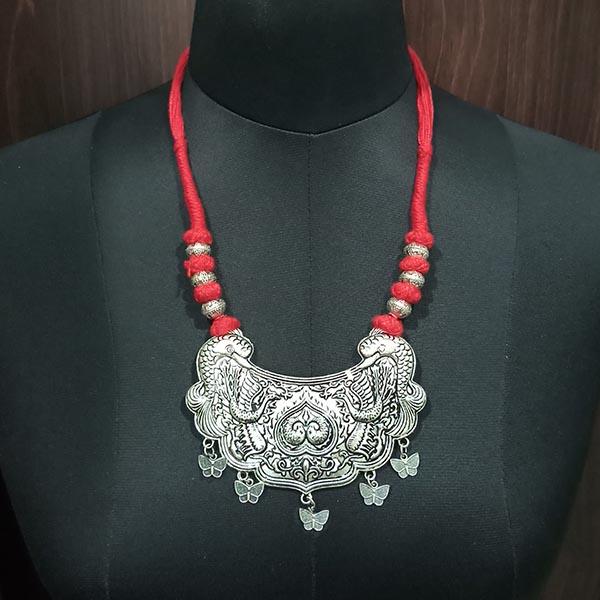 Jeweljunk Rhodium Plated Maroon Thread Tribal Necklace