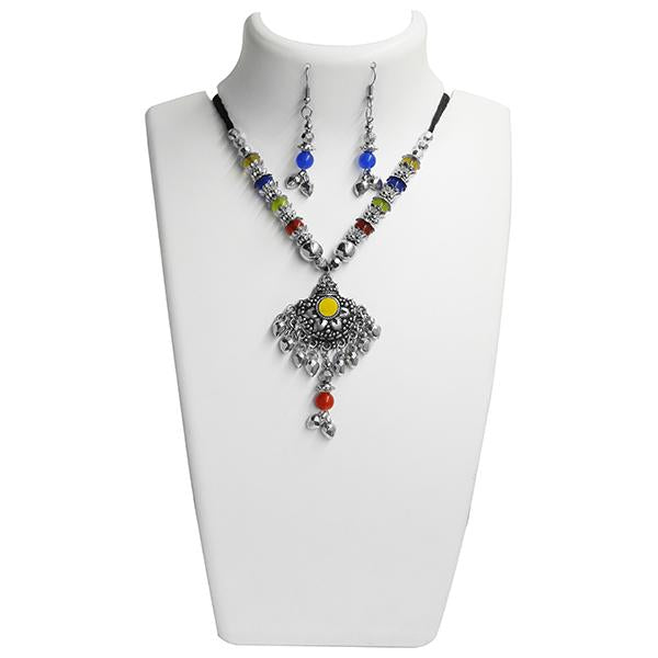 Jeweljunk Multicolour Beads Rhodium Plated Navratri Special Necklace Set - 1110927