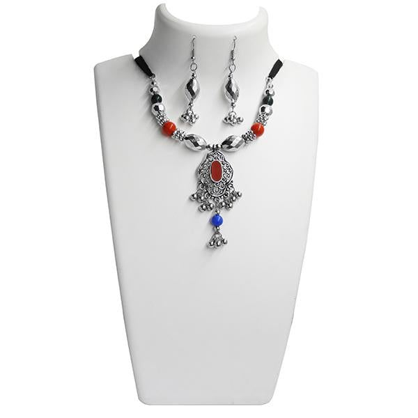 Jeweljunk Multicolour Beads Rhodium Plated Navratri Special Necklace Set - 1110942