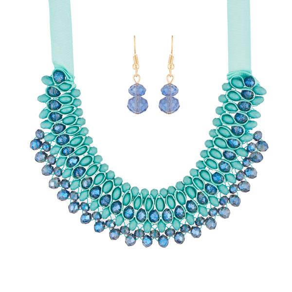 Urthn Blue Crystal Beads Statement Necklace Set - 1111230B