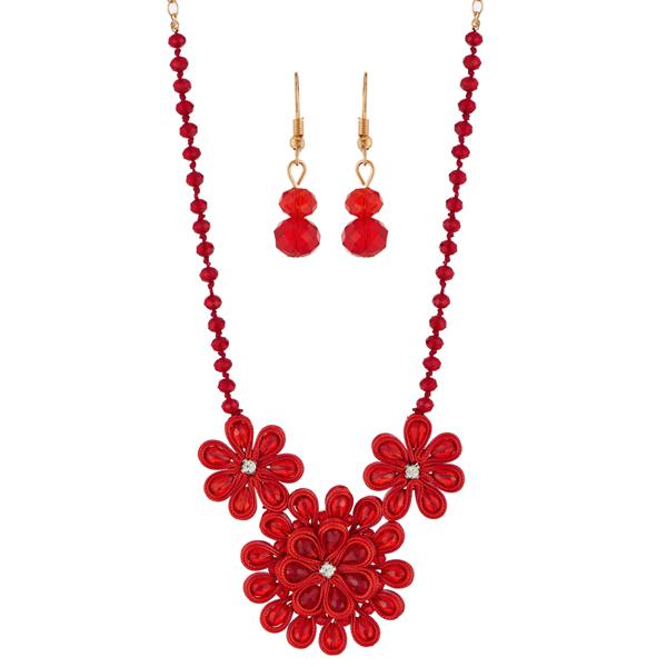 Urthn Red Crystal Beads Floral Statement Necklace Set - 1111232A