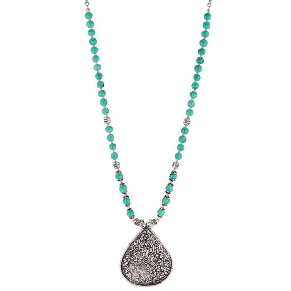 Urthn Green Beads Rhodium Plated Necklace - 1111306