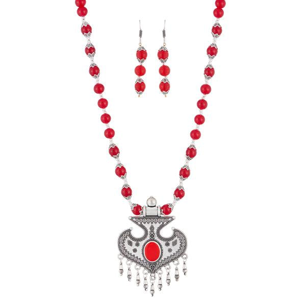 Urthn Maroon Beads Rhodium Plated Necklace Set - 1111309A