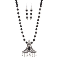 Urthn Rhodium Plated Black Beads Necklace Set - 1111310B