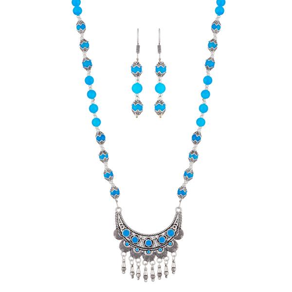 Urthn Blue Beads Rhodium Plated Necklace Set - 1111312A