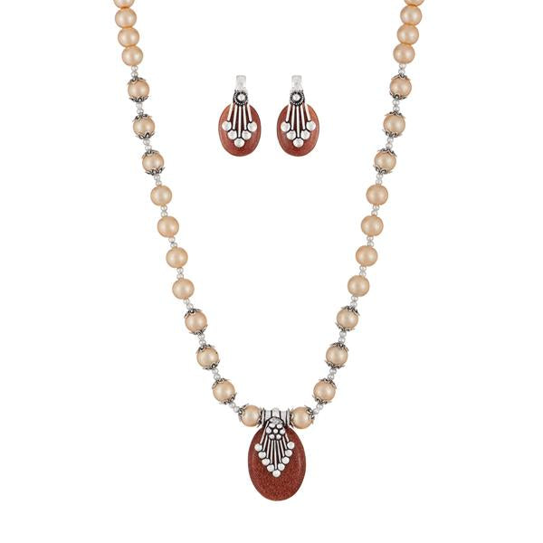 Urthn Brown Beads Rhodium Plated Necklace Set - 1111313C