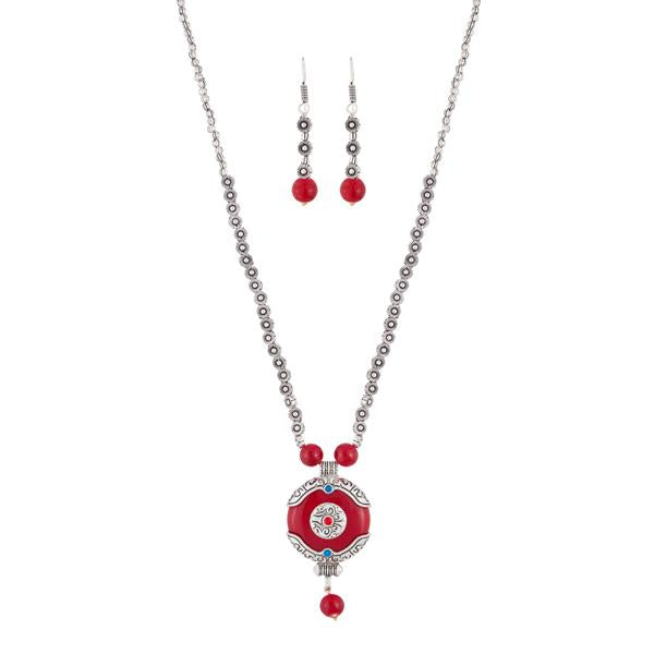 Urthn Maroon Gems Stone Rhodium Plated Necklace Set - 1111315G