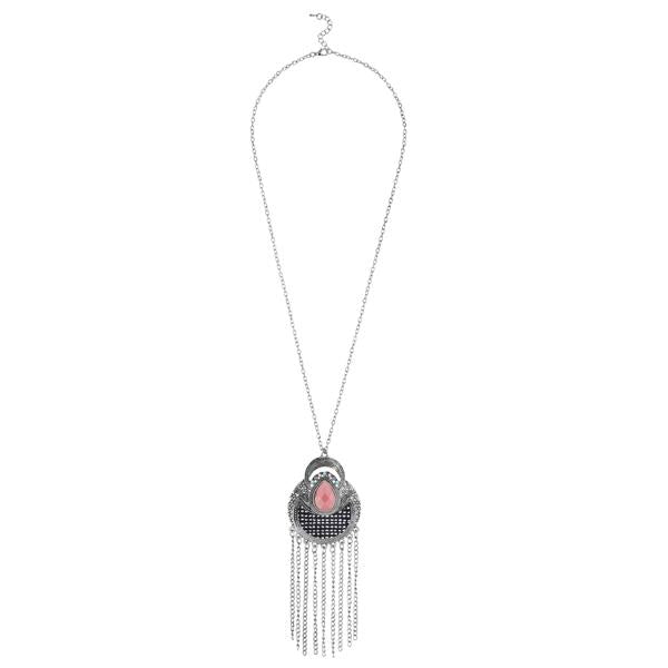 Urthn Resin Stone Rhodium Plated Hanging Chain Necklace - 1111409E
