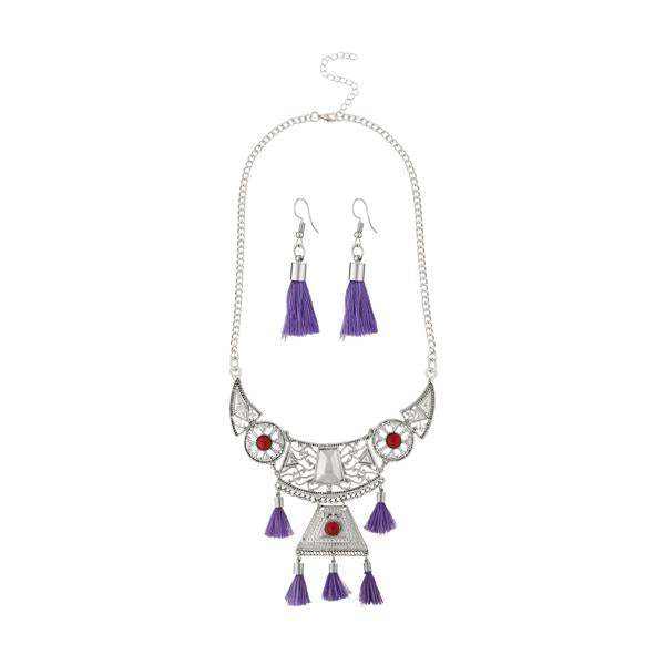 Jeweljunk Purple Thread Rhodium Plated Necklace Set - 1111701A