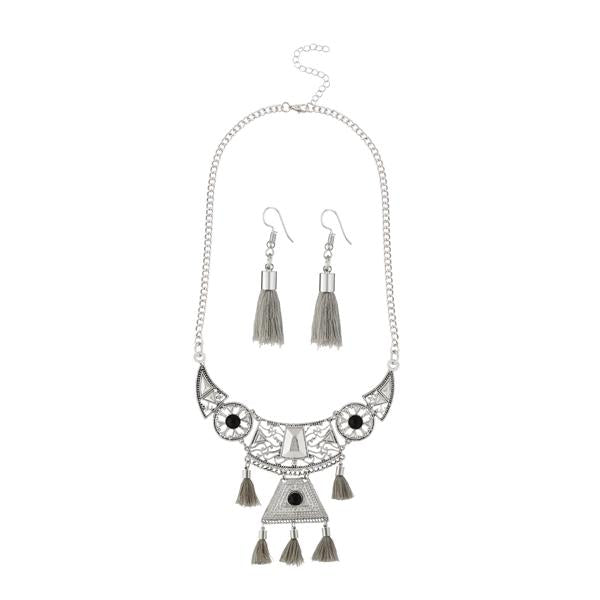 Jeweljunk Rhodium Plated Grey Thread Necklace Set - 1111701E