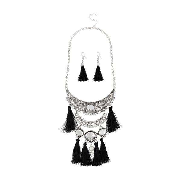 Jeweljunk Black Thread Rhodium Plated Necklace Set - 1111705A