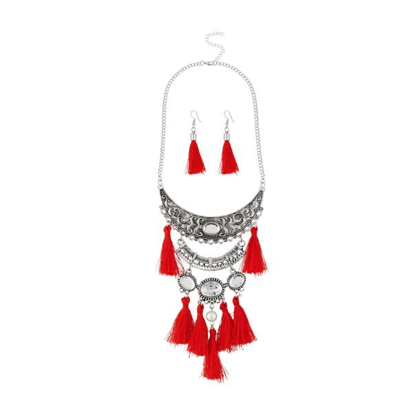 Jeweljunk Red Thread Rhodium Plated Necklace Set - 1111705E