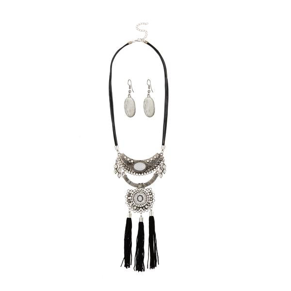 Tip Top Fashions Rhodium Plated Black Thread Necklace Set - 1111707B