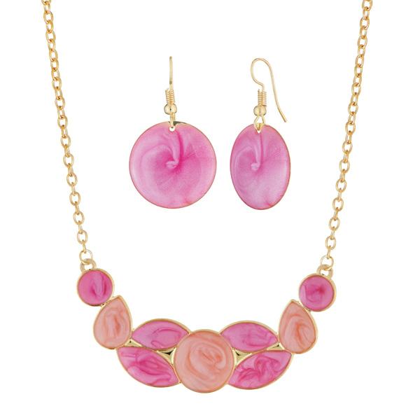 Urthn Gold Plated Pink Enamel Necklace Set - 1112102E