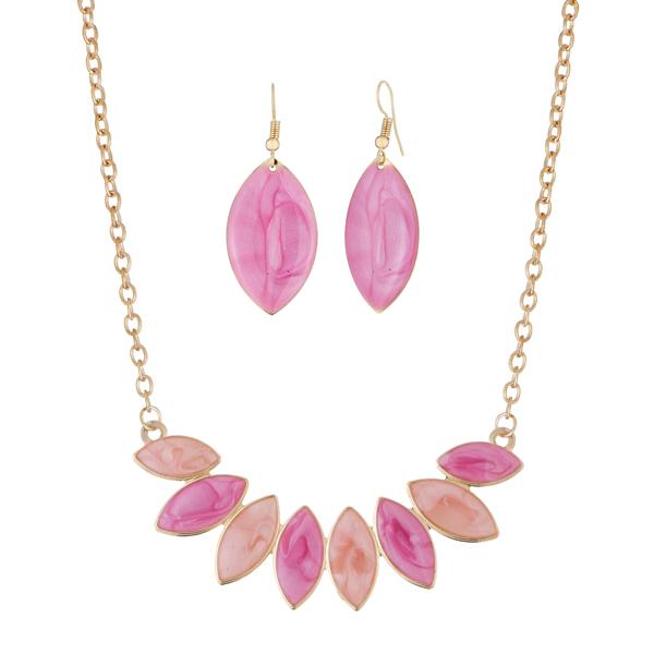 Urthn Gold Plated Pink Enamel Necklace Set - 1112103E