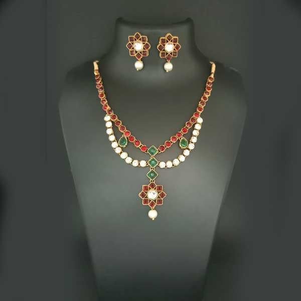 Midas Touch Maroon Kundan Stone Gold Plated Necklace Set - 1112202A