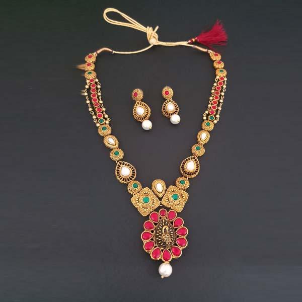 Midas Touch Gold Plated Red Kundan Stone Necklace Set - 1112206B