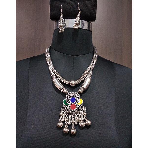 Jeweljunk Multi Beads Rhodium Plated Navratri Necklace Set - 1112820