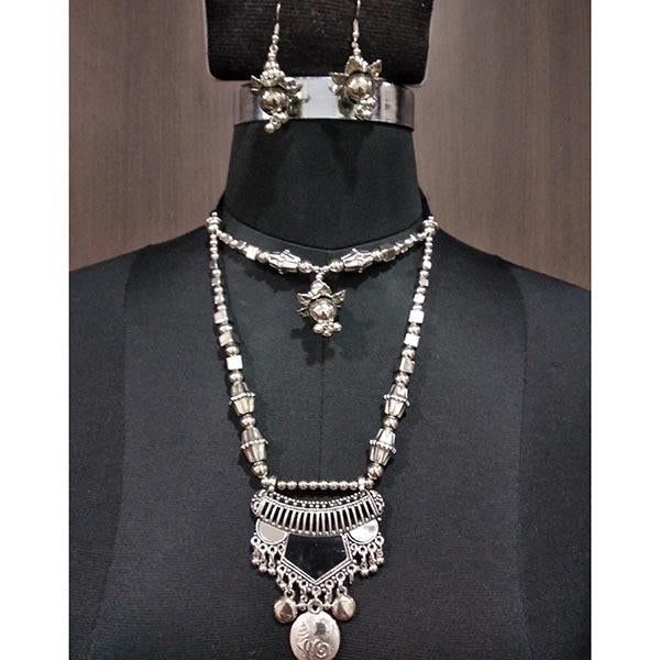 Jeweljunk Rhodium Plated Glass Navratri Necklace Set - 1112834