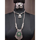 Jeweljunk Green Meenakari Rhodium Plated Navratri Necklace Set - 1112835A