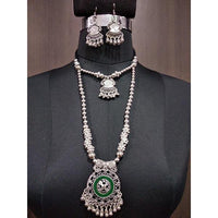 Jeweljunk Green Meenakari Rhodium Plated Navratri Necklace Set - 1112835A