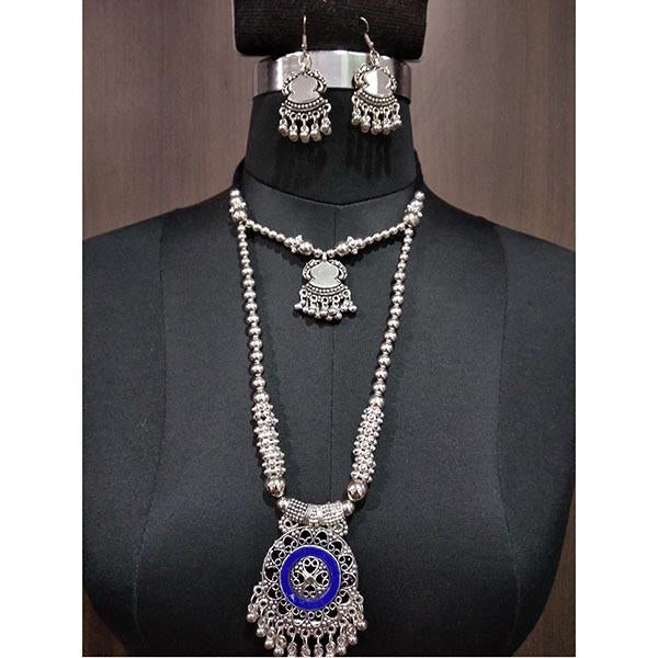 Jeweljunk Rhodium Plated Blue Meenakari Navratri Necklace Set - 1112835B