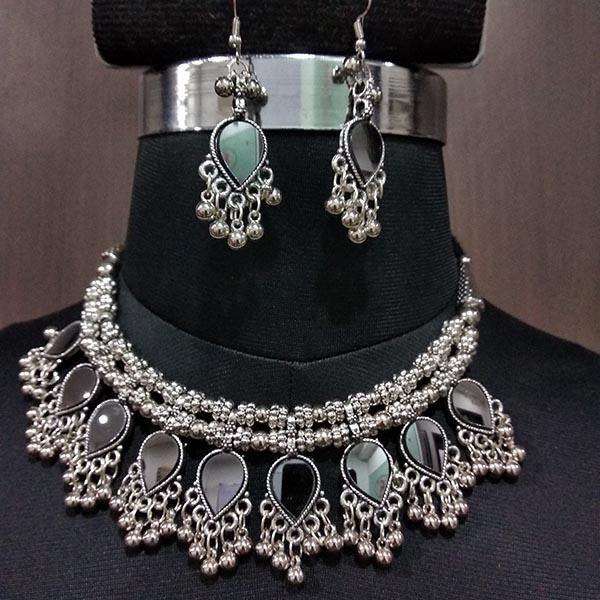 Jeweljunk Rhodium Plated Glass Drop Navratri Necklace Set - 1112842