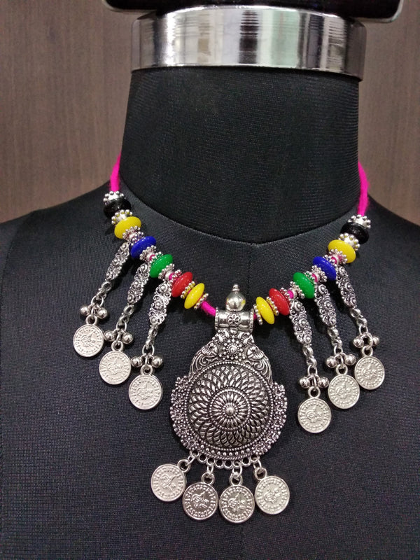 Jeweljunk Multicolour Beads Coin Rhodium Plated Navratri Necklace Set - 1112847