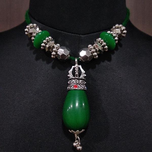 Jeweljunk Rhodium Plated Green Beads Navratri Necklace Set - 1112851A