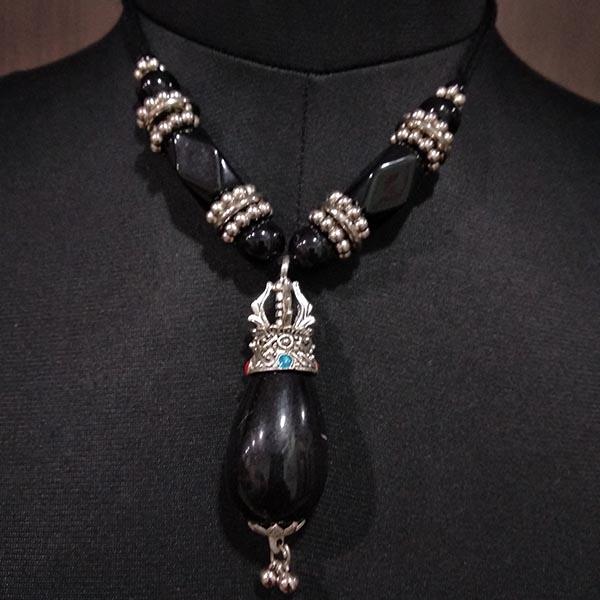 Jewelljunk Zinc Alloy Black Beads Rhodium Plated Navratri Necklace Set - 1112851D