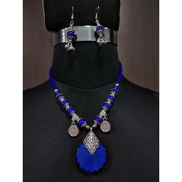 Jeweljunk Rhodium Blue Beads Navratri Necklace Set - 1112857D