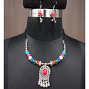 Jeweljunk Rhodium Plated Multicolor Beads Navratri Necklace Set - 1112859B