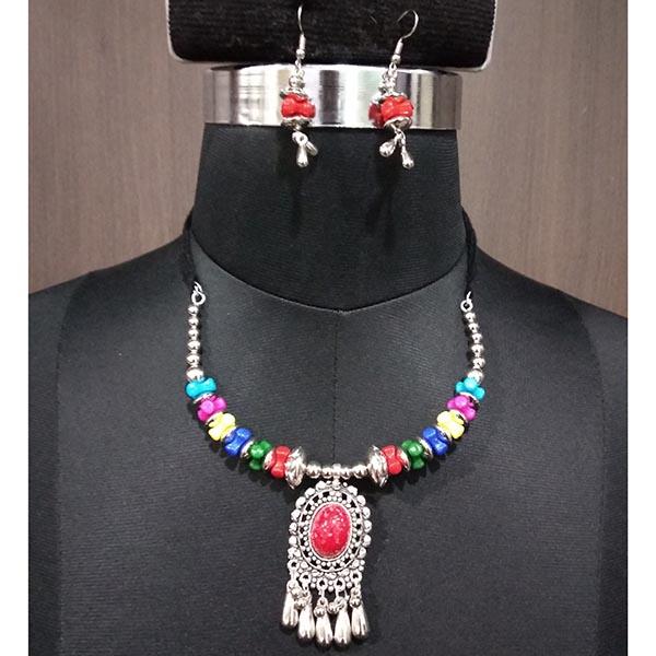 Jeweljunk Rhodium Plated Multicolor Beads Navratri Necklace Set - 1112859B