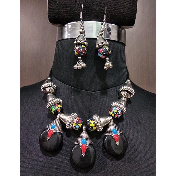 Jeweljunk Rhodium Plated Black Beads Navratri Necklace Set - 1112860A