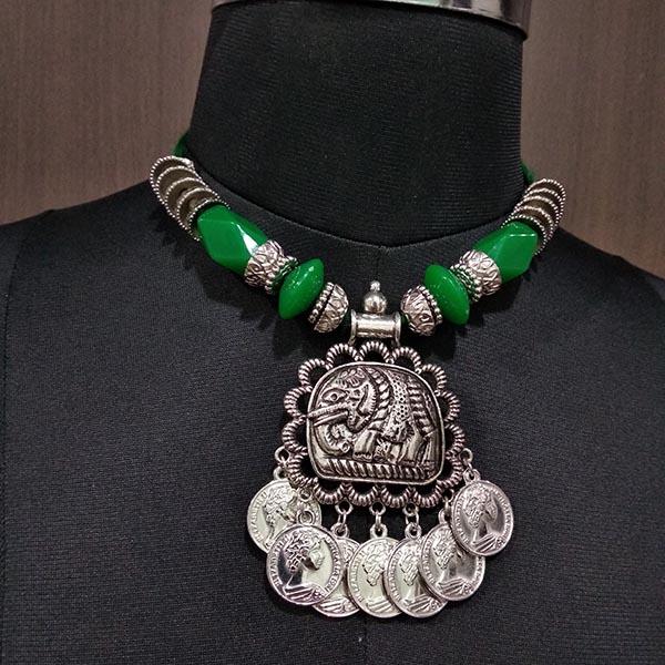 Jeweljunk Green Beads Rhodium Plated Elephant Design Navratri Special Necklace Set - 1112862C