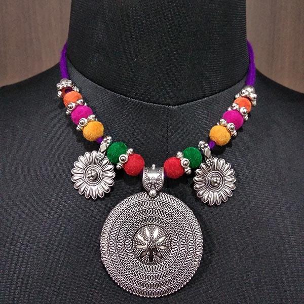 Jeweljunk Multicolor Thread Rhodium Plated Navratri Special Necklace Set - 1112864B