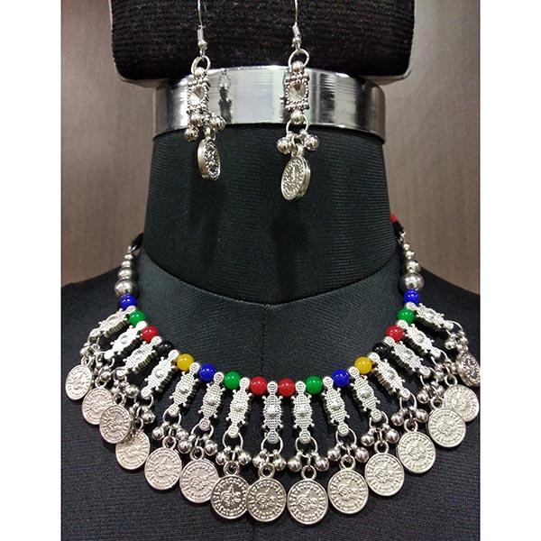 Jeweljunk Rhodium Plated Multicolor Beads Navratri Necklace Set - 1112868