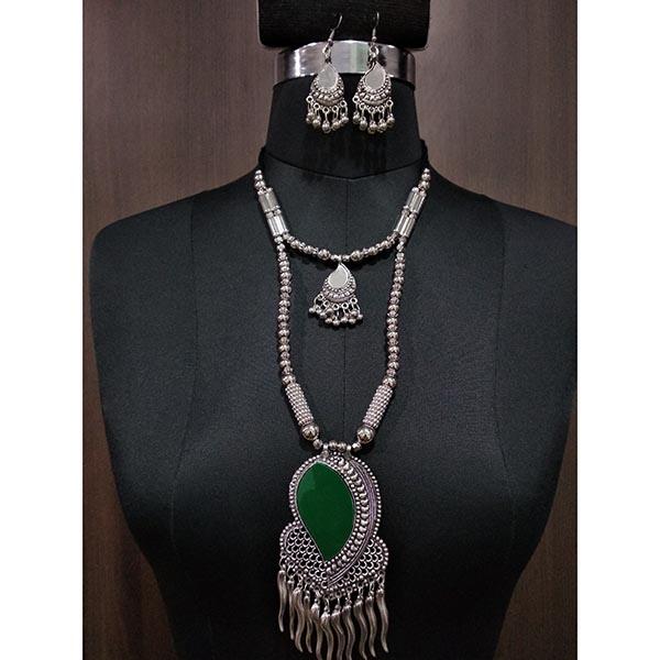 Jeweljunk Green Beads Rhodium Plated Navratri Necklace Set - 1112877A