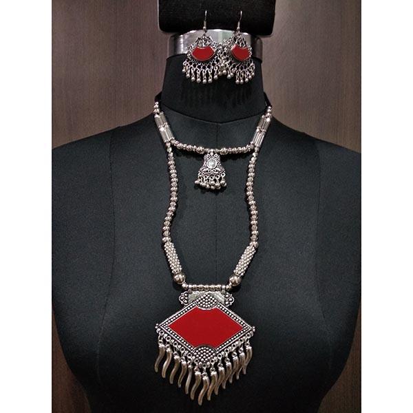 Jeweljunk Red Beads Rhodium Plated Navratri Necklace Set - 1112878A