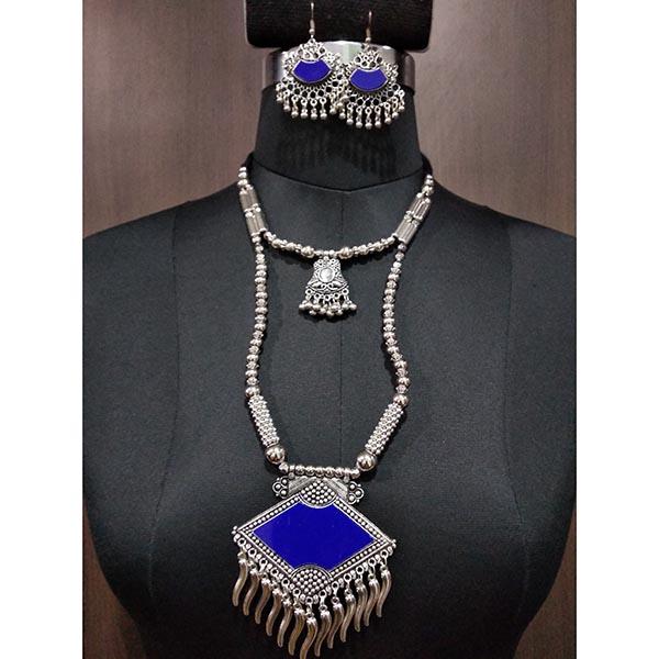 Jeweljunk Blue Beads Rhodium Plated Navratri Necklace Set - 1112878C