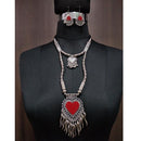 Jeweljunk Red Beads Rhodium Plated Heart Design Navratri Necklace Set - 1112879C