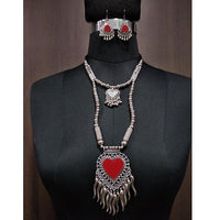 Jeweljunk Red Beads Rhodium Plated Heart Design Navratri Necklace Set - 1112879C