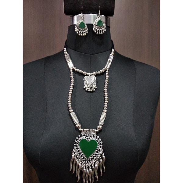 Jeweljunk Green Beads Rhodium Plated Heart Design Navratri Necklace Set - 1112879D