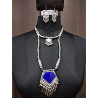 Jeweljunk Blue Beads Rhodium Plated Navratri Necklace Set - 1112881B